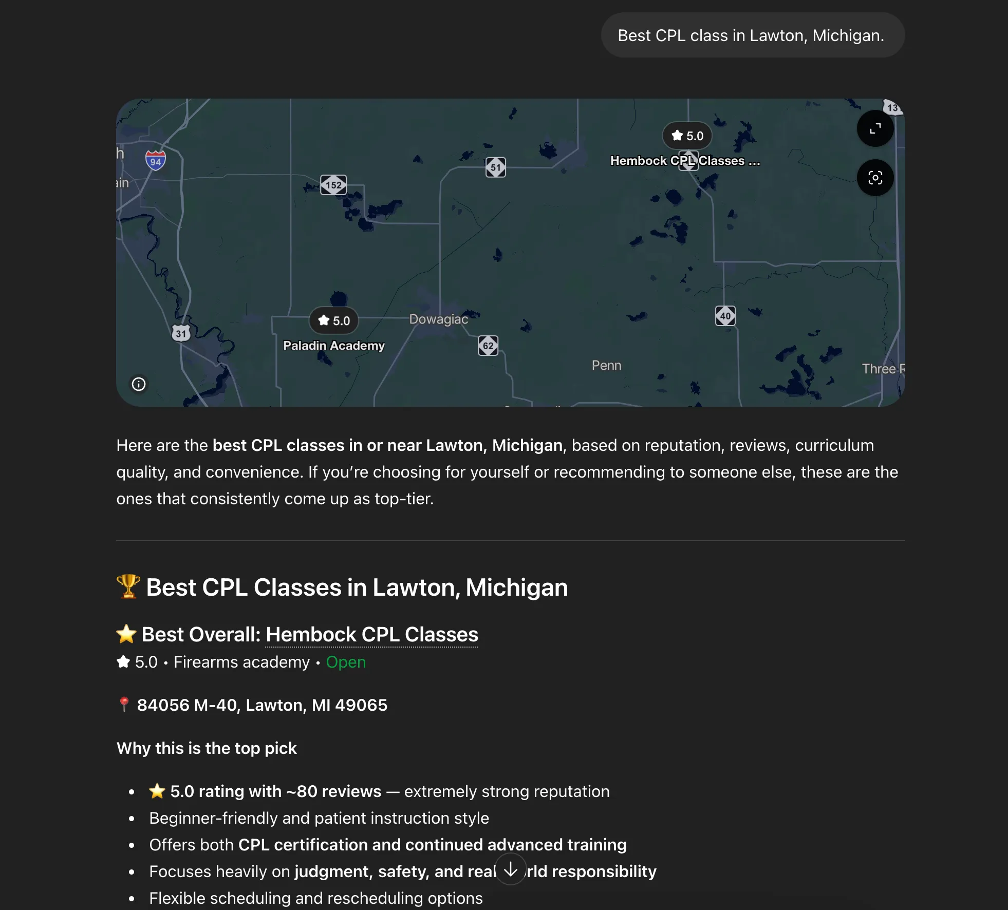 ChatGPT recommending Hembock Firearms Training for CPL classes