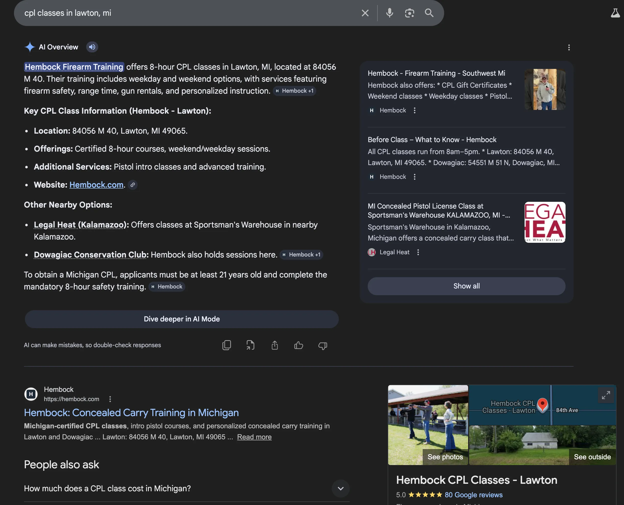 Google search result showing Hembock ranked #1 for CPL classes
